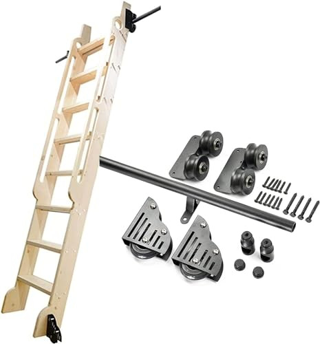 GHHVFEC Rolling Library Ladder Hardware Kit, Sliding Barn Door Kit, Complete Set of Hardware for Sliding Ladder Hanging Rail + Extension Rail (No Ladder), with Floor Roller Wheels