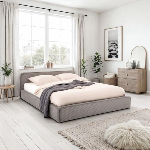 IDIMEX Polsterbett CURSIO mit Lattenrost 140x200, Grau– Bett mit Polsterung in Cordoptik, Holzrahmen mit Metallrohr, stabiles Doppelbett inklusive Lattenrost, kleine Schwarze Kunststofffüße