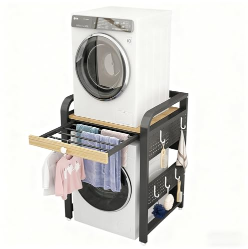 Soporte Secadora Sobre Lavadora Kit Union Lavadora Secadora Con Panel Perforado Y Percha Retráctil Capacidad De Carga 200 Kg Ideal Para Lavanderías Apartamentos Dormitorios Y Bal BlackFrame+WalnutTop