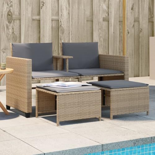 QJBSAVVA 2-Sitzer Gartensofa mit Tisch Beige 132 x 59,5 x 77 cm PE Rattan Sitzgruppe Outdoor mit 2 Hockern platzsparendes Balkonmöbelset für Terrasse Balkon Garten