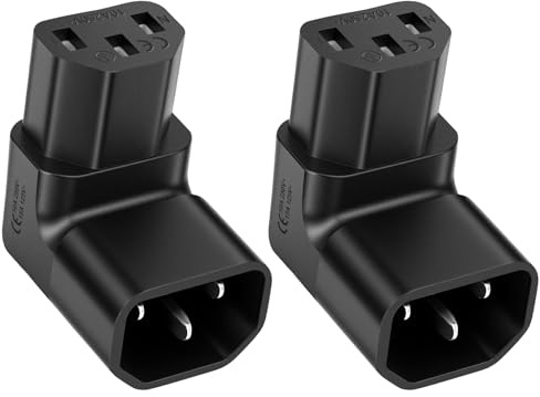 AXFEE 2 st IEC C14 till C13 rät vinkelkontakt, 90° uppåtriktad design, PVC-material, 250 V 10 A, IEC 320 C14 till C13 90 graders kontakt, för dator, skärm, skrivare, apparater (svart)
