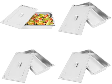 Mqwdxzfes 4 stycken rostfritt stål GN-behållare, matbehållare 4 delar, gastrobehållare med lock, stor volym ångbordsbehållare, gastronormbehållare buffébehållare för restauranger gastronomi kök