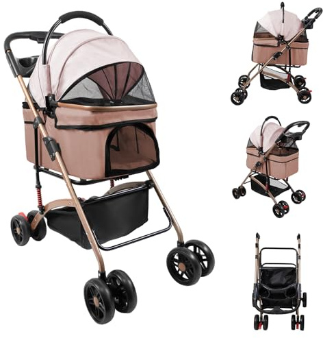 Homewell Vikbar hundvagn, avtagbar korg, kattvagn med nätfönster, remmar och mugghållare, djurvagn med stor rymlig vagn, upp till 20 kg (kaki)