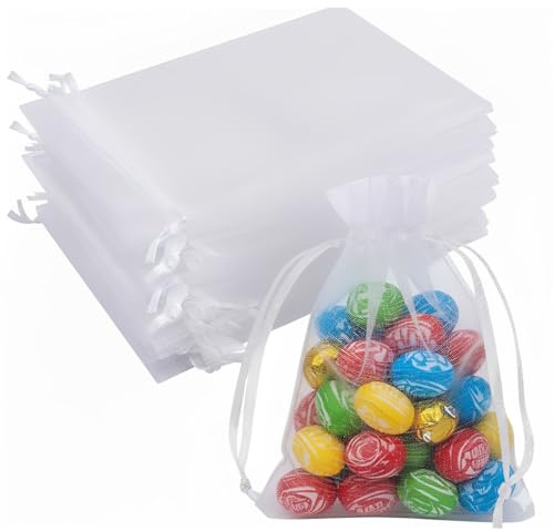 HUZNA Organzasäckchen 100 Organzasäckchen 10 x 15 cm, organza-presentpåse, smyckespåse, för smycken, bröllop, godis, med satinsnöre