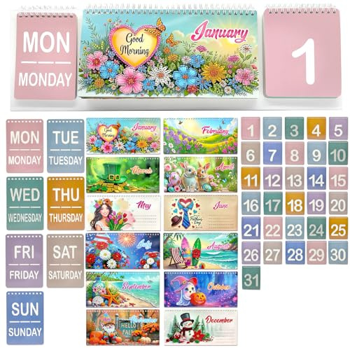Diamond Art Painting Calendrier perpétuel de bureau 2027, calendrier de table à rabat avec semaine, vacances pour décoration de bureau et de maison-02-calendrier perpétuel