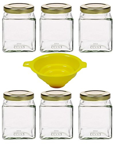 mikken 6 x 210 ml Pots à Confiture en Verre avec Couvercles à Visser (couleur or) 210 ml + Entonnoir, Lot de 6 Pots