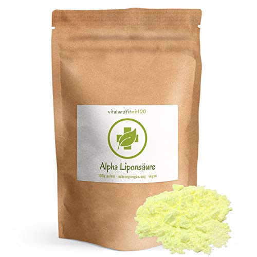 vitalundfitmit100 Alpha Liponsäure Pulver 100 g – Antioxidans, vegan, für Diabetiker geeignet