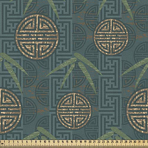 ABAKUHAUS bambú Imprimir Tela por Metro, motivos, Decorativa para Tapicería y Textiles del Hogar, 1M (148x100cm), Elfenbein Verde Azulado
