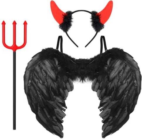 Teufel flügel, Teufelskostüm für Damen, Schwarz Engelsflügel Teufelshörner Teufelgabel, 60*45CM Dunkelheit Engel Flügel, Gefallener Engel kostüme für Halloween Fasching Karneval Cosplay Mottoparty