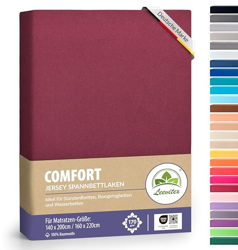 leevitex® Premium Spannbettlaken 140x200-160x220 cm - 40 cm Steg - auch für Boxspringbett & Wasserbett | 100% Mako-Jersey-Baumwolle | ÖKO-TEX | 170g/m² | Bordeaux/Weinrot