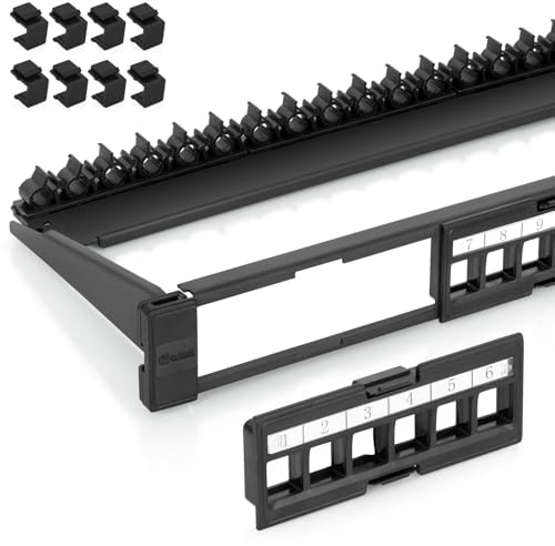 EMS easyPATCH Keystone-Patchpanel mit 24 Anschlüssen, Snap-In-Design mit Verstellbarer Kabelführungsleiste auf der Rückseite, Robustes 48.3 cm (19 Zoll), 1U-Rack, Schrankhalterung, HDMI, 2 Stück