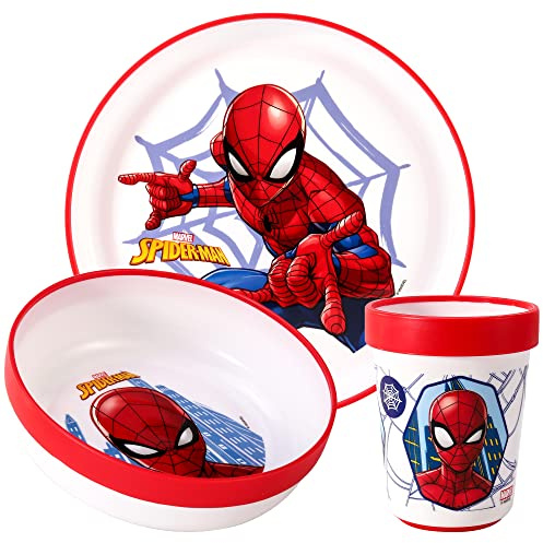 Spiderman - Juego de vajilla para niños de 3 piezas, juego de platos y cuencos para niños pequeños con taza para niños, juegos de vajilla de plástico bicolor reutilizable de alta calidad, platos para