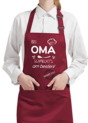 FUKPO Schürze Damen, Verstellbare Kochschürze Wasserdichte Schürzen mit Taschen, Baumwolle Weinrot Küchenschürze Frauen Backen Grillschürze Abwaschbar Geschenk Oma Eburtstag Muttertag Weihnachten