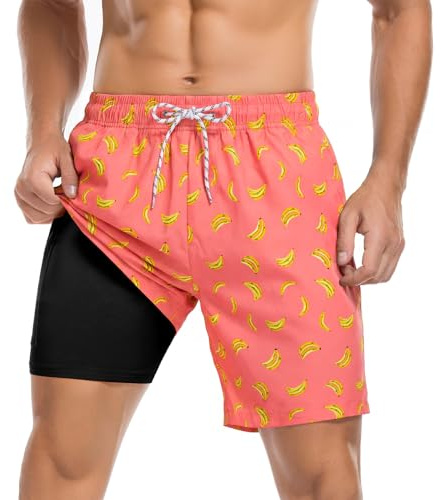 American Trends Herren Badehose mit Kompressionsfutter, schnell trocknend, Badeanzug, Badehose, Badehose, Pink Orange Banane, M