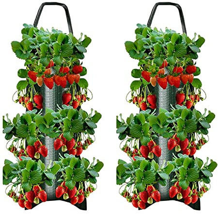 Pomurom Erdbeer-Pflanzbeutel, 2 Stück Hängend Erdbeer Pflanztaschen aus Vliesstoff Atmungsaktiver, Pflanzbeutel Tomaten Umgedrehter, Pflanzsack mit Löchern für Erdbeer Tomaten Kräuter Gemüse Pflanzen