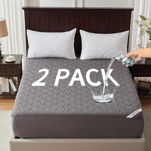 2 Pack Waterproof Mattress Protector, Queen Size Mattress Pad Noiseless with Deep Pocket 6-18 Depth, Soft Breathable Dirt-Proof Bed Mattress Cover Washable for Home, Bedroom, Hotel (Gray)
