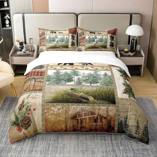 Wildtier Bär 100% Bio-Baumwolle Bettbezug Bär Hirsch Pfote Bettwäsche Set Bauernhaus Stil Tröster Bezug Wald Vintage Kabine Bettbezug mit 2 Kissenbezüge 200x200 für Erwachsener Kinder Home Room Dekor