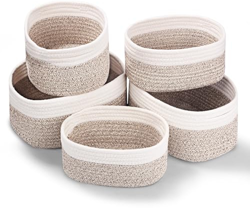 Otauoaea Baumwollseil Aufbewahrungskorb 5er Set, Korb Aufbewahrung Körbchen Wickeltisch Organizer,Storage Basket für Bad Badezimmer Kinderzimmer Wickeltisch,Weiß & Wüste