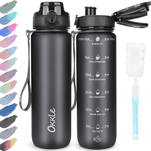 OKKLE Trinkflasche 1L BPA freie Wasserflasche mit Verschlussdeckel und auslaufsicher, geeignet für Fitnessstudio, Schule, Radfahren, Outdoor, Sport, Fitness