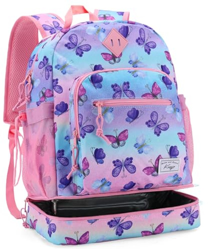 Kasgo Barnryggsäck, söt, vattenavvisande, dagisväska, förskola, barn, ryggsäck, dagisryggsäck för småbarn, pojkar, flickor med lunchväskor, fack, rosa dinosaurie, Lila fjäril, Ryggsäck