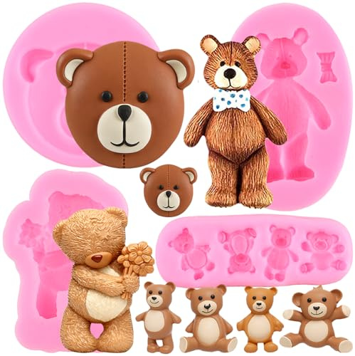 RFGHAC Set di 4 stampi in silicone a forma di orso, per decorare torte e cupcake, argilla polimerica, caramelle, cioccolato, pasta di gomma