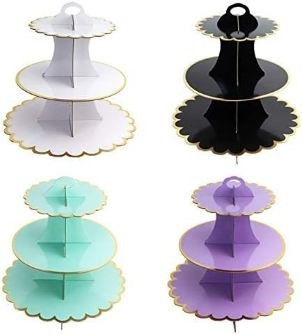 3-Tier Cupcake Stand MEETOZ 4 Pack Round Cardboard Foldable Cake Rack Holder,Can hold 24 cupcakes,Reusable Pastry Serving Platter Food Display, Birthday Wedding Special Event Decoration (Style B)