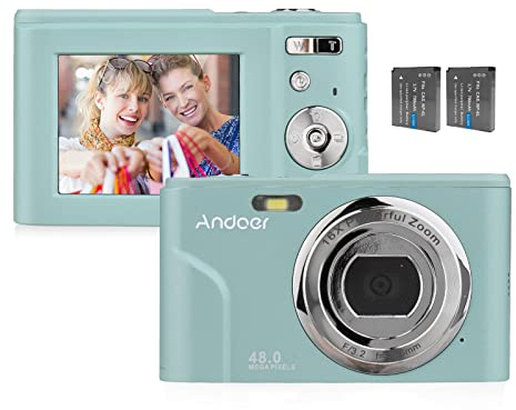 Andoer Digital Camera, 48MP 1080P Portable Camera 128GB Extended Memory | 2.4-inch IPS Screen, 16X Zoom, Auto Focus Self Timer, Face Detection, Anti-Shaking with 2pcs Batteries, Green
