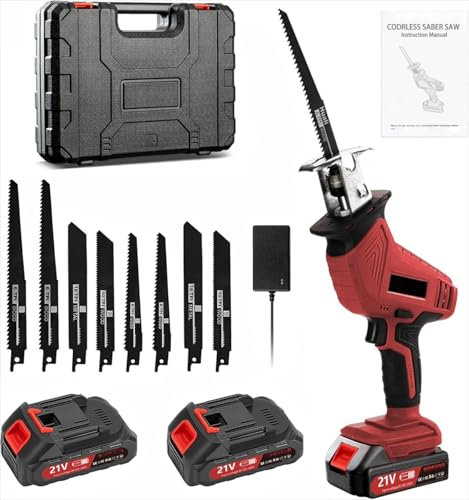 Reciprocating Saw, 0-4000 RPM Variable Speed Reciprocating Saws, 21V Cordless Wood Saw Electric, Electric Saws to Cut Wood, for Metal PVC Cutting with 2 Batteries, 8 Blades