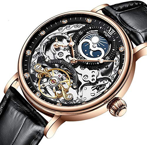 HFWXYSA Self-Winding Analogico Sport Marca Popolare Uomo Automatico Meccanico in Acciaio Inox E Pelle Business Orologio da Polso Scheletro Data Fase Lunare Luminoso Impermeabile,Rose Gold Black