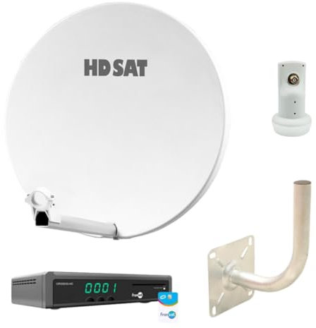 Pack HDSAT Parabole Satellite Fibre Blanche 60cm + LNB Single + Récepteur/Décodeur TV Satellite HD + Carte + Bras Coudé