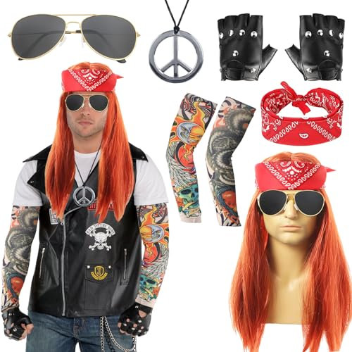 Moiuguli 8 Pcs Rocker kostüm Herren, 70er 80er 90er jahre Outfit Punk Disco Rave mit Perücke Stirnband Sonnenbrille Handschuhen Tattoo Ärmeln Peace & Love Halsketten Faschingskostüme Männer