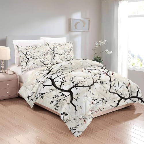 Bettdecke 200x220 Ohne Bezug Nutzbar, Blumen Zweige Blätter Bettdecken Waschbar Ganzjahresdecke Aquarell 4 Jahreszeiten Steppdecke, Bettzeug Microfaser mit 2 Kissenbezug für Sommer Winter Doppelbett