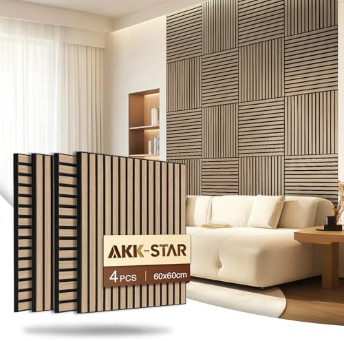 AKK-STAR Akustikpaneele 4er-Set - 600 x 600 x 18 mm 1,44 m² Wandpaneele aus Holz - Akustikpaneele Holz für stilvolle Wandgestaltung - Perfekt für Wohnzimmer, Büro oder Musikstudio (Eiche Geölt 16#)