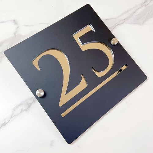 Letrero de número de casa de suspendido hueca 3D acrílico personalizado con nombre de calle fuente moderna | Señal de dirección de tienda placa puerta (negro plata)
