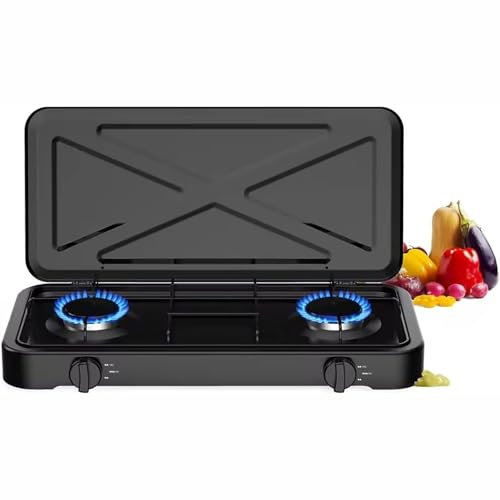 Fornello da campeggio a doppio fuoco,fornello campeggio a gas portatile 4,4kW con coperchio,fornello campeggio for esterni GPL,controllo della temperatura regolabile,sistema accensione automatica