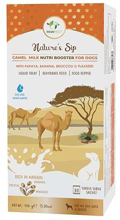 Pawfect Nature's Sip Camel Milk Powder with Papaya, Banana, Broccoli & Flaxseeds| Easily Digestible| Pre & Probiotics| Healthy Topper| Low Glycemic| Hydration Support| 30 scoops| (150g/5.29oz)