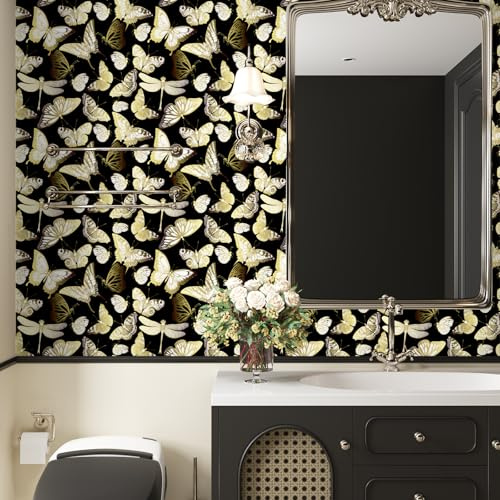 VaryPaper Golden Butterfly Peel and Stick Wallpaper Patterned Contact Paper 44.5cmx200cm Black Sticky Back Plastic Vintage Wallpaper for Living Room Hallway Shelves Cupboard Vinyl Wrap for Furniture