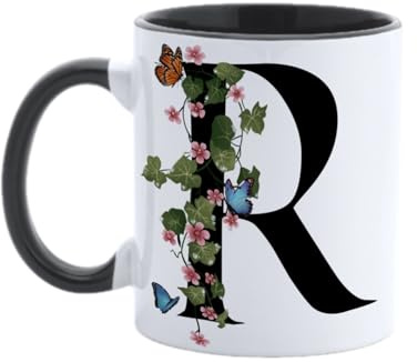 Paolo Chiari Tazza in Ceramica Personalizzata con Lettera, Motivo Floreale con Farfalle e Manico Nero, Made in Italy, 300 ml (R)