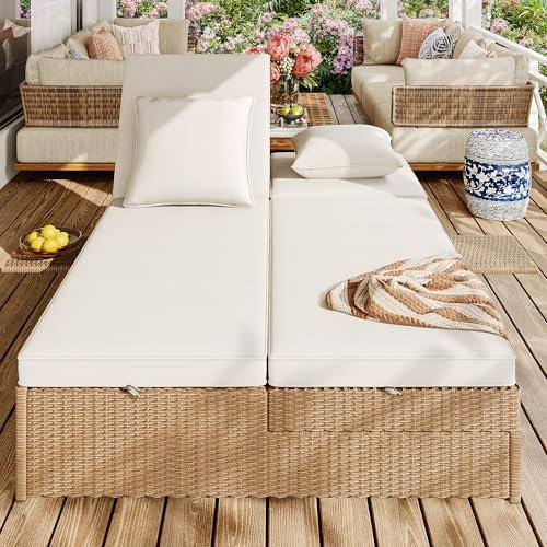 Outdoor Gartenliege Doppelbett, Rattan Outdoor Liege, Rattansofa, das als Gartenmöbel im Freien verwendet werden kann, geeignet für Lounges, Balkone und Gärten, wetterfest, klappbar, mit Kissen, weiß