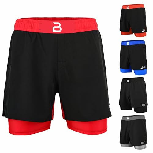 2BOLD MMA Kid’s 2 in 1 Board Shorts BJJ Built in Compression Lining Athletic Gym Boxing Jiu-Jitsu No-Gi Grappling Shorts (US, Alpha, Large, Regular, Red)
