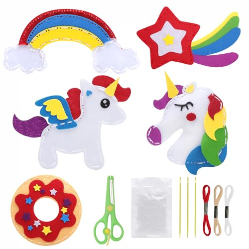 ZRUEWOT NäHset Kinder Ab 6 Jahre Kinder Bastelset NäHen Kinders Filz Basteln Kuscheltier NäHen Set Einhornwolke, Regenbogen und Sternform Diy Kit MäDchen Bastelset EnthäLt Baumwolle Schere und Faden