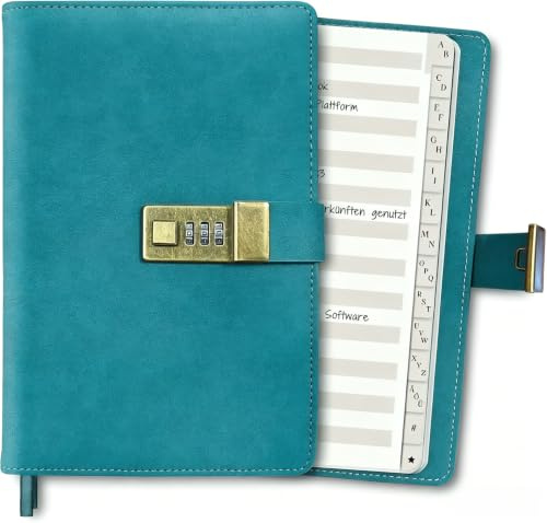 BIROYAL Passwort Buch Deutsch, Passwortbuch mit Register A-Z, 700+ Plätze | A5 Tagebuch mit Schloss für Logins, 224 Seiten, 120g/m² Papier, Kunstleder Notizbuch für Passwörter, mit Lesezeichen