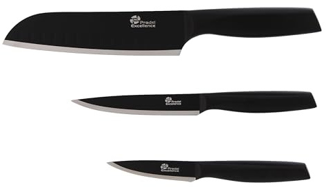 Pradel Excellence - PCOT001028 - Set Couteaux de Cuisine 5 Pièces - 1 Couteau Santoku, 1 Couteau Utilitaire, 1 Couteau Office - Lames Inox Revêtement Antiadhésif Noir - Manches Tout Inox Noirs