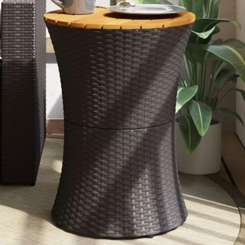 Qnhdfrt Garten-Beistelltisch Trommelform Schwarz Outdoor PE Rattan Massivholz mit Akazienholzplatte für Terrasse Balkon Garten