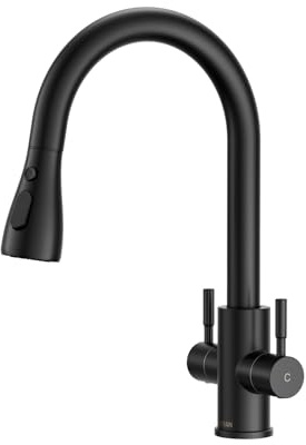 Hurran Monobloc Dual Lever 360°Swivel Kitchen Sink Mixer Tap with Pull Down Sprayer and Black UK Standard 1 Hole Deck Mount Design