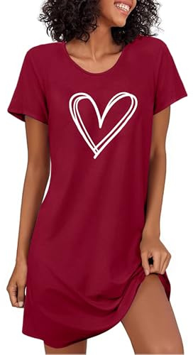 Demegimi Chemise de Nuit Femme Coton Été Vêtement de Nuit Doux à Manches Courtes Col Rond Motif Cœur Imprimé Robe de Nuit,Ferreux,3XL