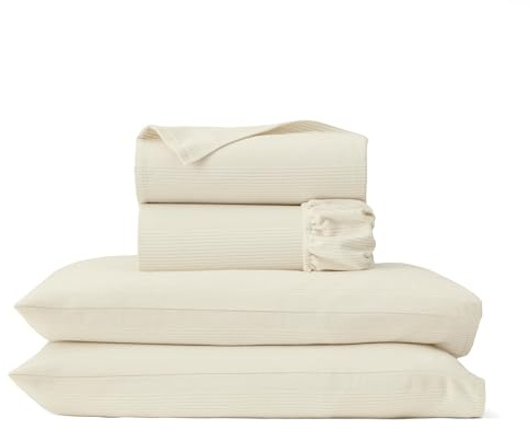 BOLL & BRANCH Flannel Fine Line Stripe Sheet Set - Cal King, Cream/Oak - Luxury 100% Organic Cotton - Includes 1 Flat, 1 Fitted, 2 King Pillowcases - Velvety Soft, Warm & Breathable