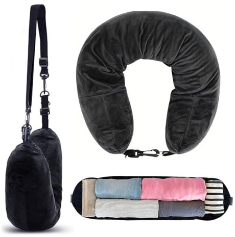 Cuscino Viaggio Riempibile, Cuscino da Viaggio Imbottibile con la Benda, Cuscino Cervicale Imbottito con Vestiti, Multifunzionale a Forma di U Collo da Viaggio per Viaggiare in Aereo