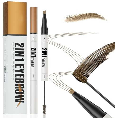 2 in 1 Augenbrauenstift mit Four-Tip Pinsel Wasserfest Wischfest Langlebig+Augenbrauen Färben,Microblading Augenbrauenstift Pen für Natürliche Augenbrauen,Eyebrow Pencil in Vier Farbtönen (Hellbraun)