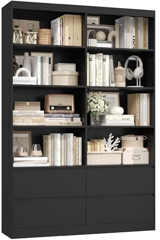 FirFurd Bücherregal mit 4 Schubladen 8 Fächern Bücherschrank 120x30x180cm | Hochschrank groß, Wohnzimmerschrank mit doppeltem Stauraum, Mehrzweckschrank für Wohnzimmer Büro Küche, schwarz